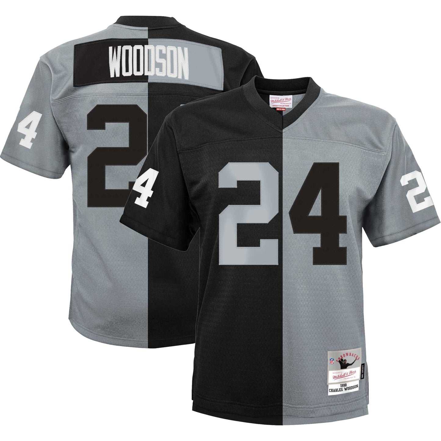 Charles Woodson Las Vegas Raiders Mitchell & Ness Youth Split Legacy Jersey - Black/Silver