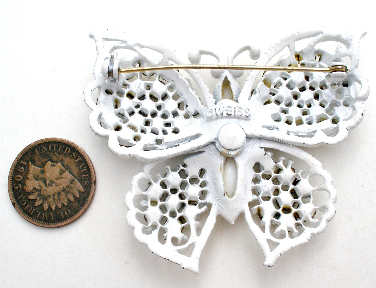 Milk Glass Rhinestone Butterfly Brooch Pin Vintage